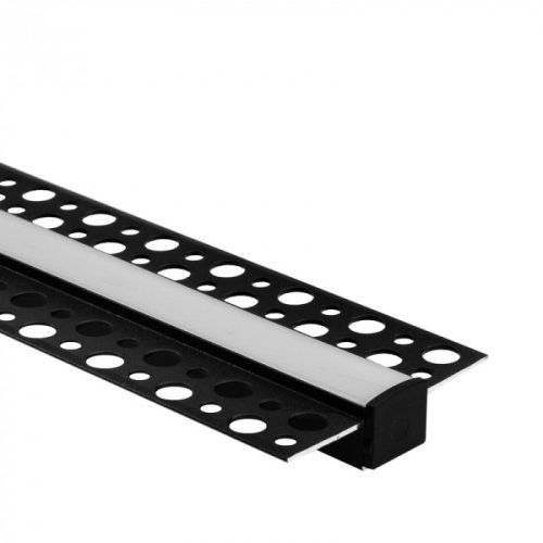 Fekete, gipszkartonba süllyeszthető alumínium LED profil 2 méteres hosszban, tejfehér fedéllel.