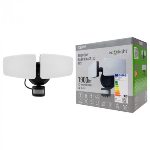 Fekete színű Ecolight dupla fejes mozgásérzékelős kültéri LED reflektor állítható fényszínnel