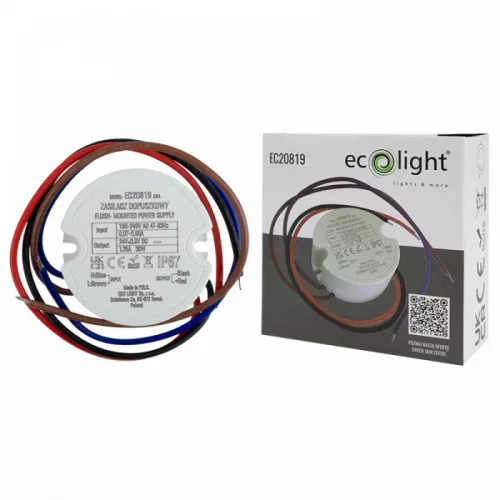 Kerek, 30W-os, 24V-os, IP67 vízálló LED tápegység, 60-as szerelvénydobozba építhető kivitelben