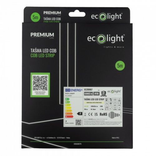 Prémium Ecolight COB LED szalag 8mm széles, kiemelkedő CRI90+ színvisszaadással és meleg fehér 3000K fénnyel, pontmentes technológiával.