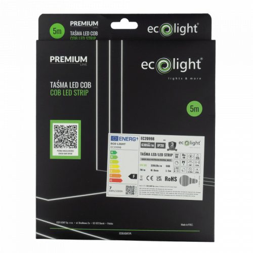 Prémium Ecolight COB LED szalag 8mm széles, kiemelkedő CRI90+ színvisszaadással és természetes fehér 4000K fénnyel, pontmentes technológiával.
