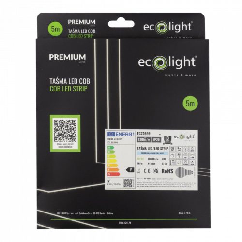 Prémium Ecolight COB LED szalag 8mm széles, kiemelkedő CRI90+ színvisszaadással és hideg fehér 6000K fénnyel, pontmentes technológiával.