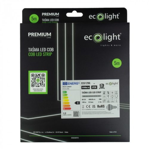 Nagy fényerejű, 12W/m teljesítményű, természetes fehér (4000K) COB LED szalag pontmentes fénnyel