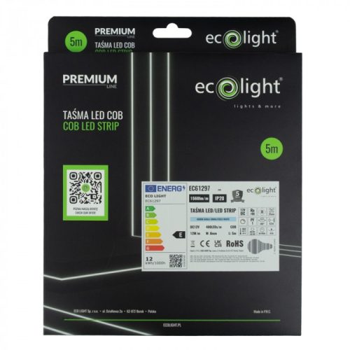 Nagy fényerejű, 12W/m teljesítményű, hideg fehér (6000K) COB LED szalag pontmentes fénnyel