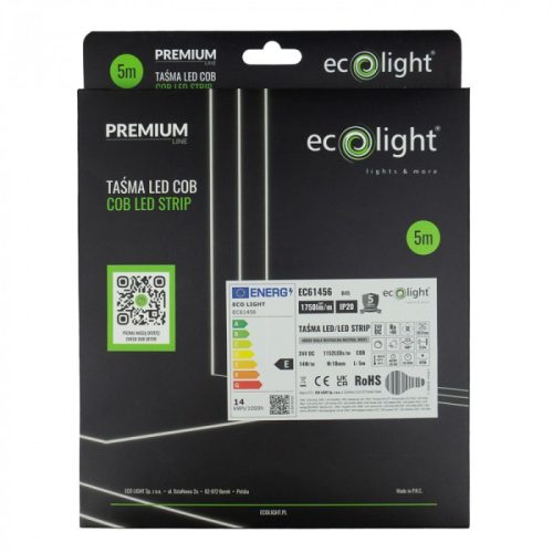 Prémium minőségű, 24V-os COB LED szalag 4000K természetes fehér fénnyel, 1750 lumen/méter fényerővel és pontmentes világítással