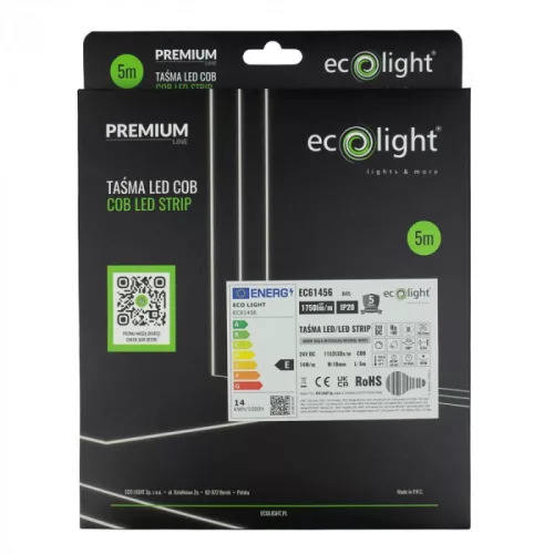 Prémium minőségű, 24V-os COB LED szalag 4000K természetes fehér fénnyel, 1750 lumen/méter fényerővel és pontmentes világítással