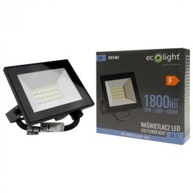 Fekete Ecolight 20W-os kültéri LED reflektor szenzor nélküli, kapcsolós kivitelben, hideg fehér fénnyel