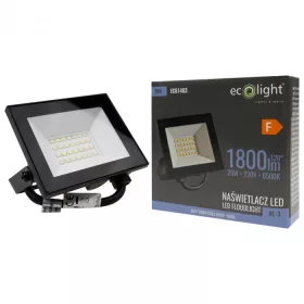 Fekete Ecolight 20W-os kültéri LED reflektor szenzor nélküli, kapcsolós kivitelben, hideg fehér fénnyel