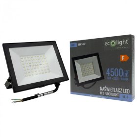 Nagy teljesítményű fekete Ecolight 50W kültéri LED reflektor szenzor nélküli kivitelben, hideg fehér színben