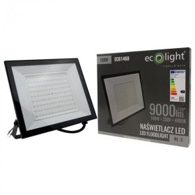 Nagy teljesítményű fekete Ecolight 100W kültéri LED reflektor szenzor nélküli kivitelben, természetes fehér színben