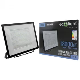 Nagy teljesítményű fekete Ecolight 200W kültéri LED reflektor szenzor nélküli kivitelben, hideg fehér színben