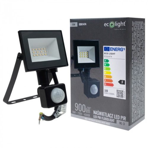 Fekete színű Ecolight 10W-os kültéri mozgásérzékelős LED reflektor, Természetes színhőmérséklet