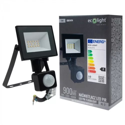 Fekete színű Ecolight 10W-os kültéri mozgásérzékelős LED reflektor, Természetes színhőmérséklet