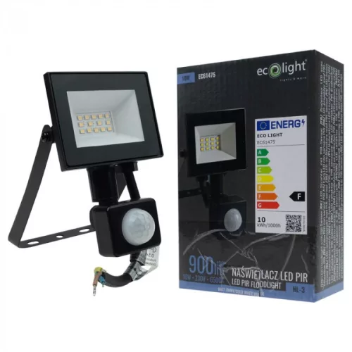 Fekete színű Ecolight 10W-os kültéri mozgásérzékelős LED reflektor
