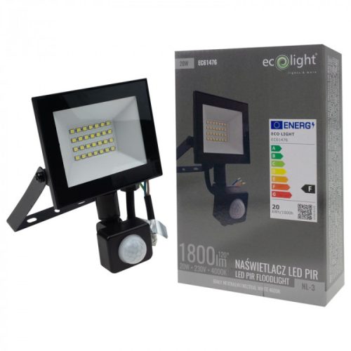 Fekete színű Ecolight 20W-os kültéri mozgásérzékelős LED reflektor Természetes színű