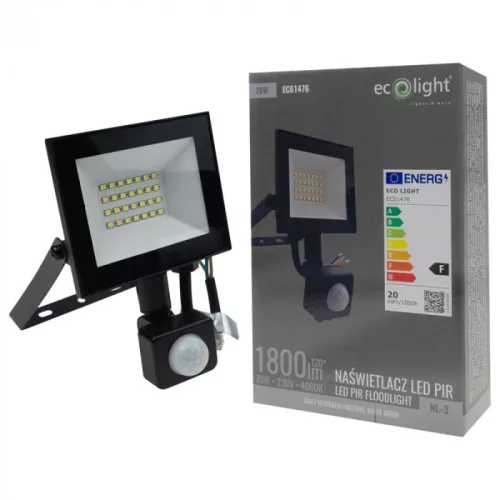 Fekete színű Ecolight 20W-os kültéri mozgásérzékelős LED reflektor Természetes színű
