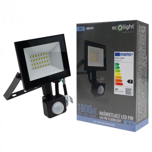 Fekete színű Ecolight 20W-os kültéri mozgásérzékelős LED reflektor