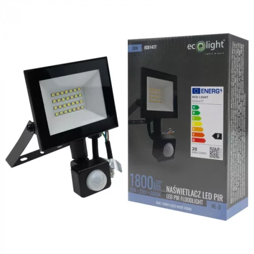 Fekete színű Ecolight 20W-os kültéri mozgásérzékelős LED reflektor
