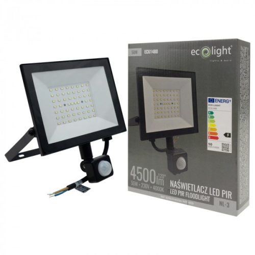 Fekete színű Ecolight 50W-os kültéri mozgásérzékelős LED reflektor, Természetes fehér