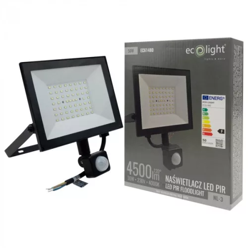 Fekete színű Ecolight 50W-os kültéri mozgásérzékelős LED reflektor, Természetes fehér