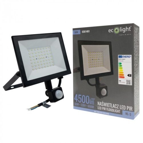 Fekete színű Ecolight 50W-os kültéri mozgásérzékelős LED reflektor, Hideg fehér