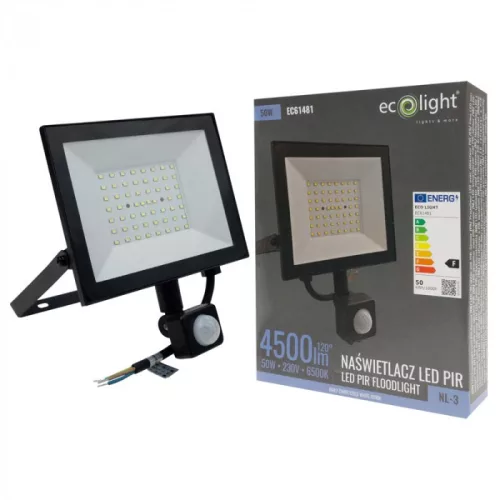 Fekete színű Ecolight 50W-os kültéri mozgásérzékelős LED reflektor, Hideg fehér