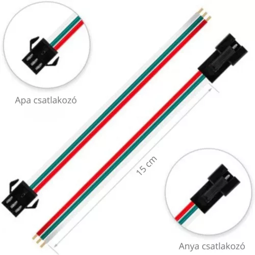 3 pólusú forrasztásmentes LED gyorscsatlakozó 15cm vezetékkel és JST csatlakozóval digitális LED szalagokhoz.
