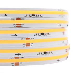 24V-os Prémium COB Digitális LED szalag 3000K meleg fehér fénnyel, ami pontmentes futófény effekteket hoz létre