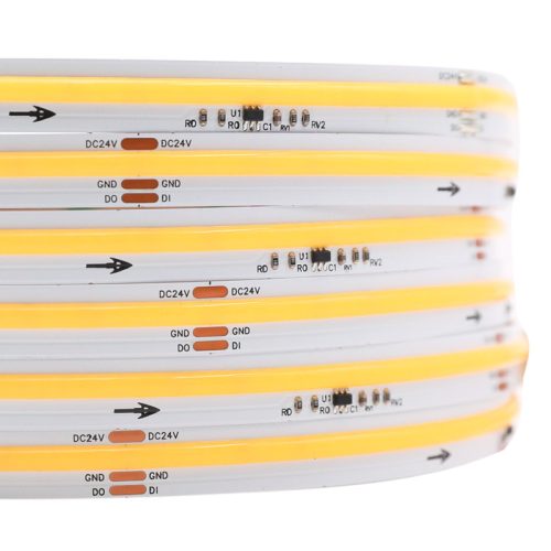 24V-os Prémium COB Digitális LED szalag 3000K meleg fehér fénnyel, ami pontmentes futófény effekteket hoz létre