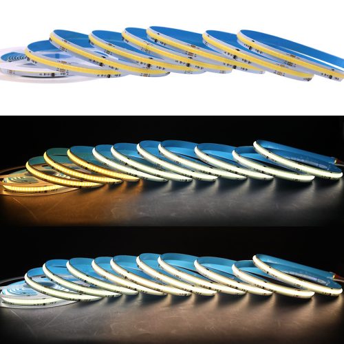 Prémium COB Digital CCT LED szalag, ami pontmentes, dinamikusan mozgó és szabályozható színhőmérsékletű fehér fényt ad.