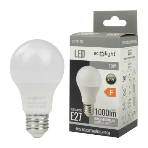 24V LED izzó E27 10W 900lm A60 Meleg fehér-Eco Light