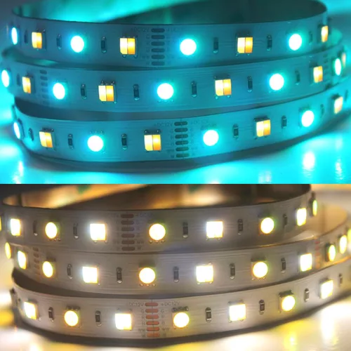 Nagy teljesítményű RGB+CCT LED szalag működés közben, amely színes és állítható fehér fényt is tud