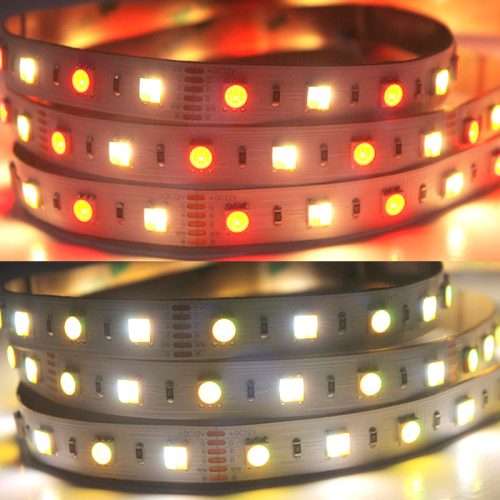 Nagy teljesítményű RGB+CCT LED szalag működés közben, amely színes és állítható fehér fényt is tud