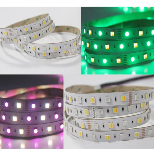 Nagy teljesítményű RGB+CCT LED szalag működés közben, amely színes és állítható fehér fényt is tud