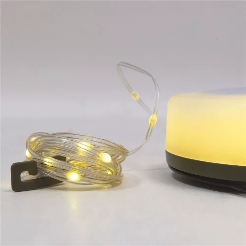 Entac napelemes és USB-s tölthető kempinglámpa beépített kihúzható 10 méteres színes RGB és melegfehér LED fényfüzérrel