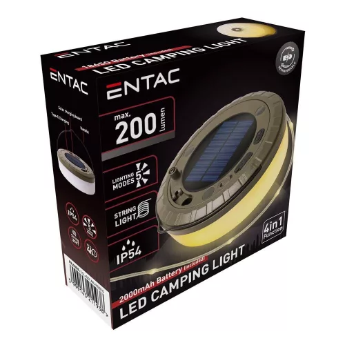 Entac napelemes és USB-s tölthető kempinglámpa beépített kihúzható 10 méteres színes RGB és melegfehér LED fényfüzérrel