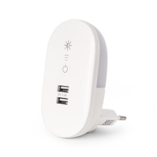 Konnektorba dugható éjjeli fény fényerőszabályzással és USB csatlakozóval 1,5W Meleg fehér