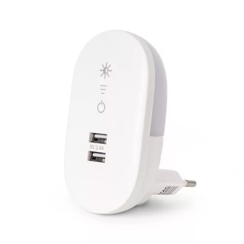 Konnektorba dugható éjjeli fény fényerőszabályzással és USB csatlakozóval 1,5W Meleg fehér