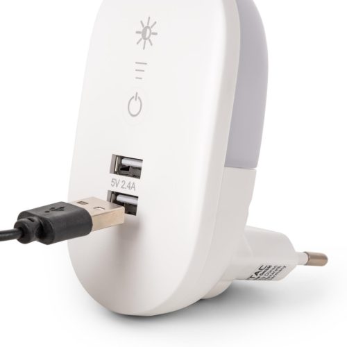 Konnektorba dugható éjjeli fény fényerőszabályzással és USB csatlakozóval 1,5W Meleg fehér