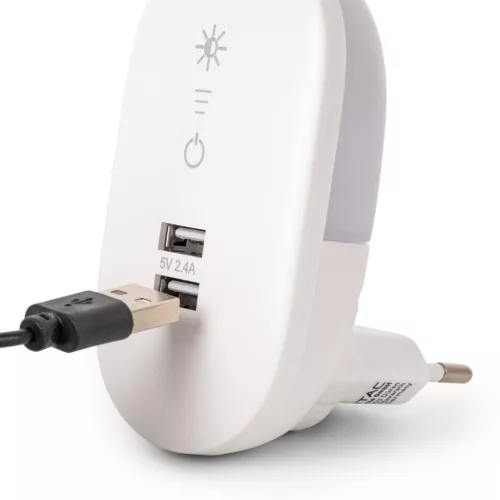 Konnektorba dugható éjjeli fény fényerőszabályzással és USB csatlakozóval 1,5W Meleg fehér