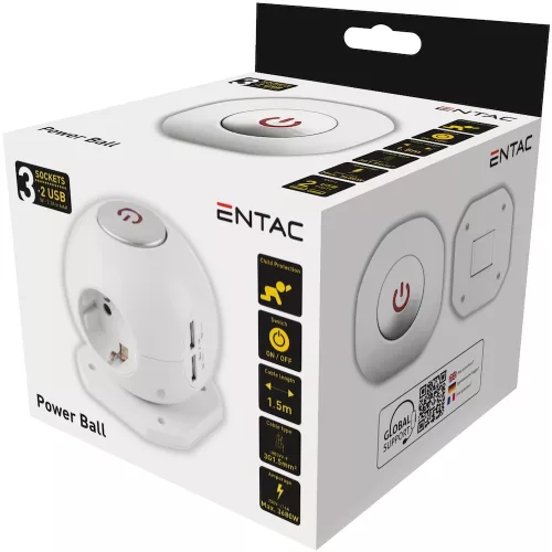Entac Gömb Elosztó 3 Foglalattal 2×2.1A USB-vel kapcsolóval 1.5m 3G1.5