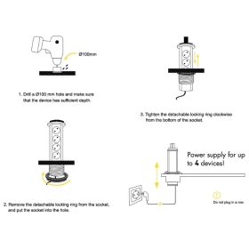 Kézzel kihúzható rejtett bútorlapba építhető elosztó 4 konnektorral