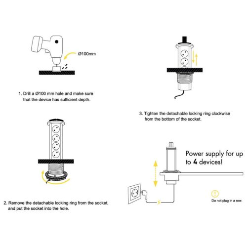 Kézzel kihúzható rejtett bútorlapba építhető elosztó 4 konnektorral