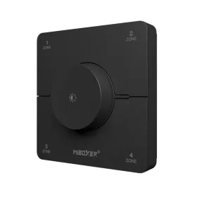 Modern, fekete érintésérzékeny MiBoxer 4-zónás fali vezérlőpanel RF technológiával, CCT és egyszínű LED szalagokhoz.