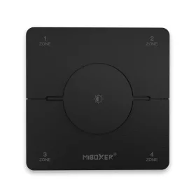 Modern, fekete érintésérzékeny MiBoxer 4-zónás fali vezérlőpanel RF technológiával, CCT és egyszínű LED szalagokhoz.