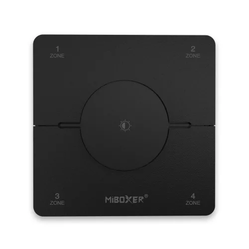 Modern, fekete érintésérzékeny MiBoxer 4-zónás fali vezérlőpanel RF technológiával, CCT és egyszínű LED szalagokhoz.