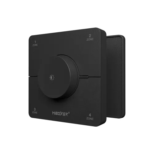 Modern, fekete érintésérzékeny MiBoxer 4-zónás fali vezérlőpanel RF technológiával, CCT és egyszínű LED szalagokhoz.