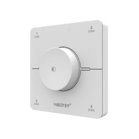Modern, fehér, érintésérzékeny MiBoxer 4-zónás fali vezérlőpanel RF technológiával, CCT és egyszínű LED szalagokhoz.