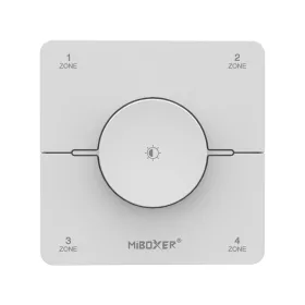 Modern, fehér, érintésérzékeny MiBoxer 4-zónás fali vezérlőpanel RF technológiával, CCT és egyszínű LED szalagokhoz.