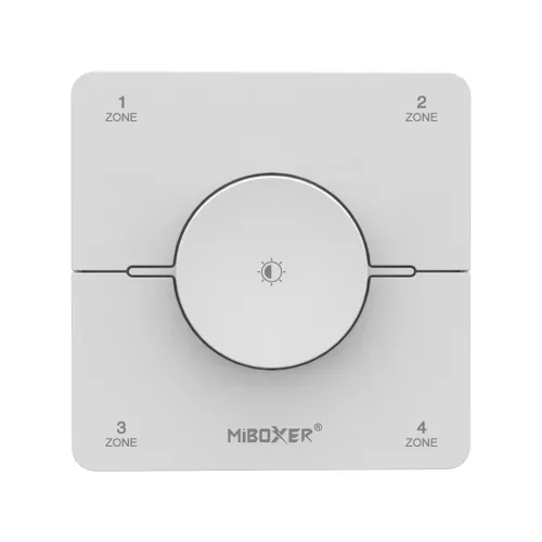 Modern, fehér, érintésérzékeny MiBoxer 4-zónás fali vezérlőpanel RF technológiával, CCT és egyszínű LED szalagokhoz.